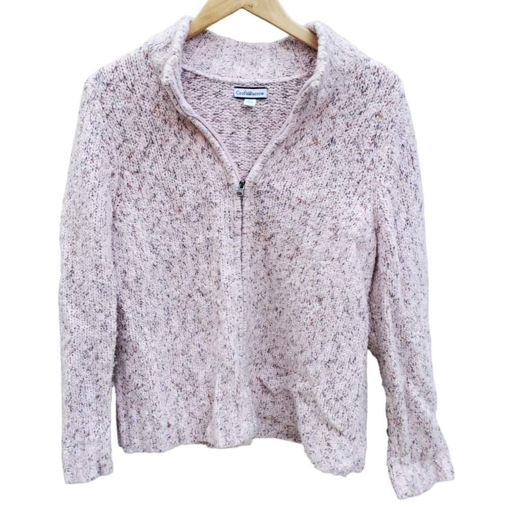 Croft Barrow Pink Rose Cable Knit Full Zip Sweater Extra Long Sleeves Petite PL